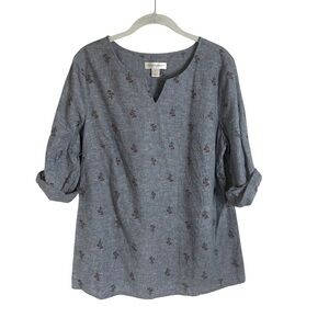 Christopher & Banks Denim Chambray Floral 3/4 Rolled Sleeve Blouse Womens Sz Med